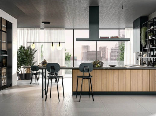 Cucina Moderna con penisola Clover Design 06 in rovere e laccato effetto metallo di Lube